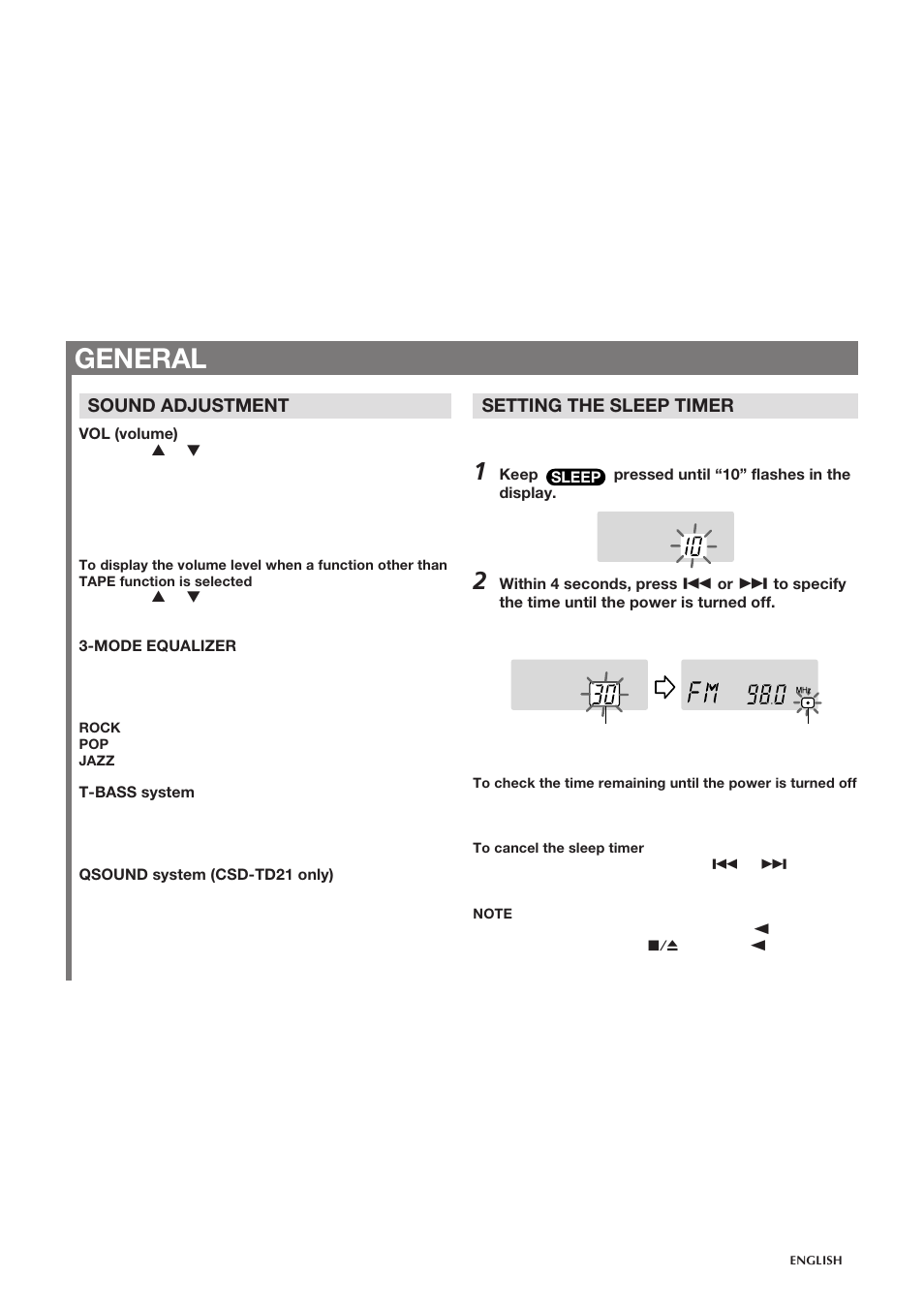 General, 7setting the sleep timer, Sound adjustment | Aiwa CSD-TD20 User Manual | Page 8 / 8