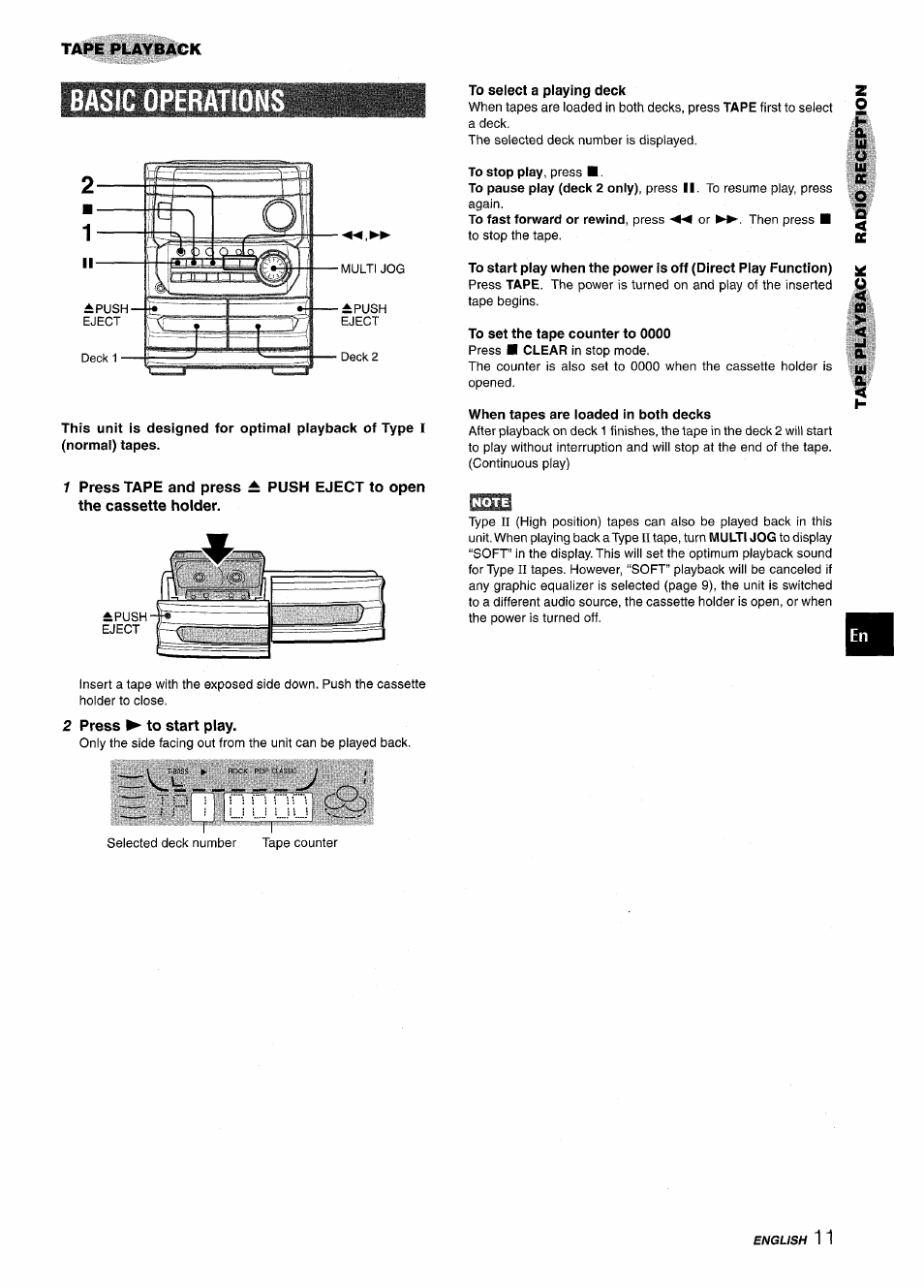 Basic operation, 1 press tape and press the cassette holder, Push eject to open | To select a playing deck, When tapes are loaded in both decks, 2 press ► to start play, Basic operations | Aiwa CX-NMT240 User Manual | Page 11 / 76