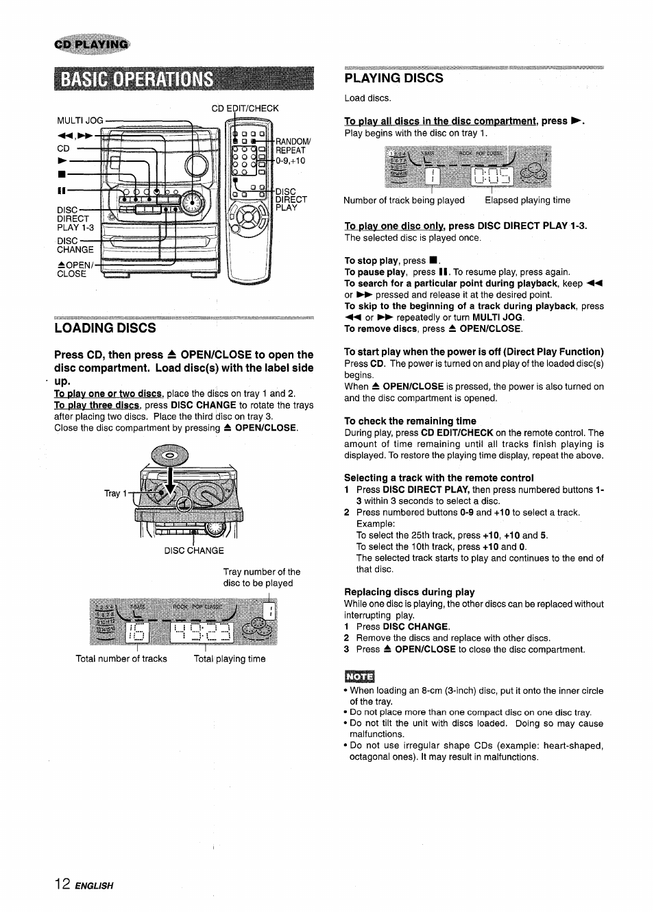 Loading discs, Playing discs, To play all discs in the disc compartment, press i | To play one disc only, press disc direct play 1-3, To check the remaining time, Selecting a track with the remote control, Replacing discs during play, 1 press disc change | Aiwa CX-NMT240 User Manual | Page 12 / 76