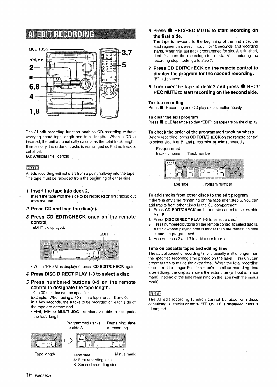 Cordin, To stop recording, To clear the edit program | To check the order of the programmed track numbers, To add tracks from other discs to the edit program, Time on cassette tapes and editing time | Aiwa CX-NMT240 User Manual | Page 16 / 76