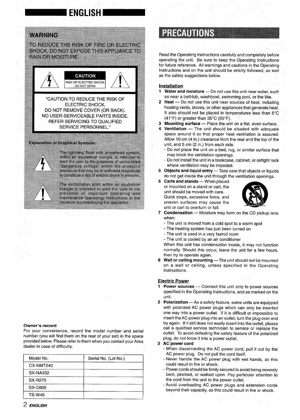 English, Precaution, Installation | Owner’s record, Electric power, 3 ac power cord, Warning | Aiwa CX-NMT240 User Manual | Page 2 / 76