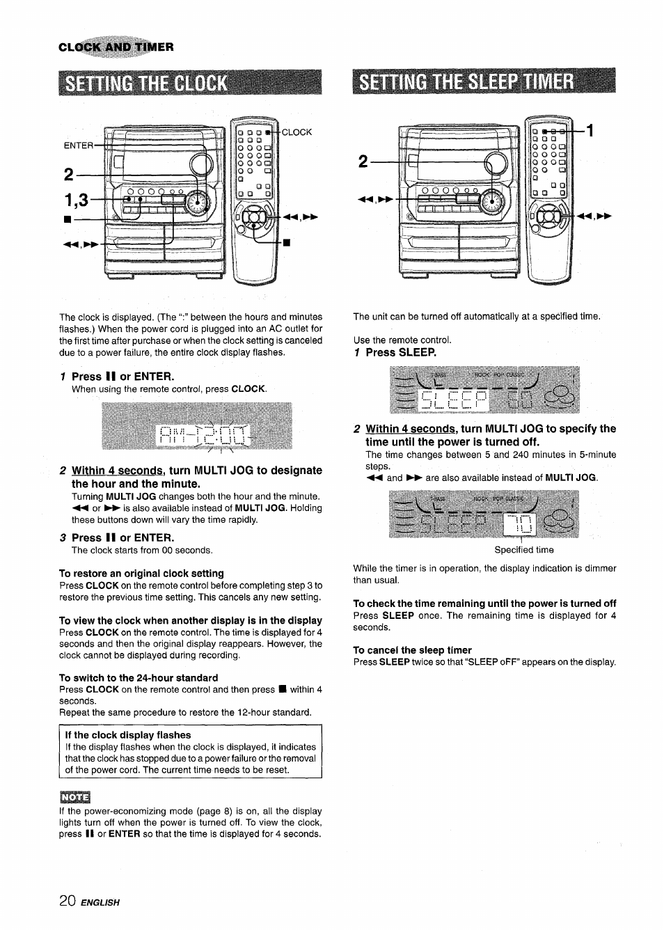 Setting the sleep timer, 1 press ii or enter, 3 press ii or enter | To restore an original clock setting, To switch to the 24-hour standard, If the clock display flashes, 1 press sleep, To cancel the sleep timer | Aiwa CX-NMT240 User Manual | Page 20 / 76