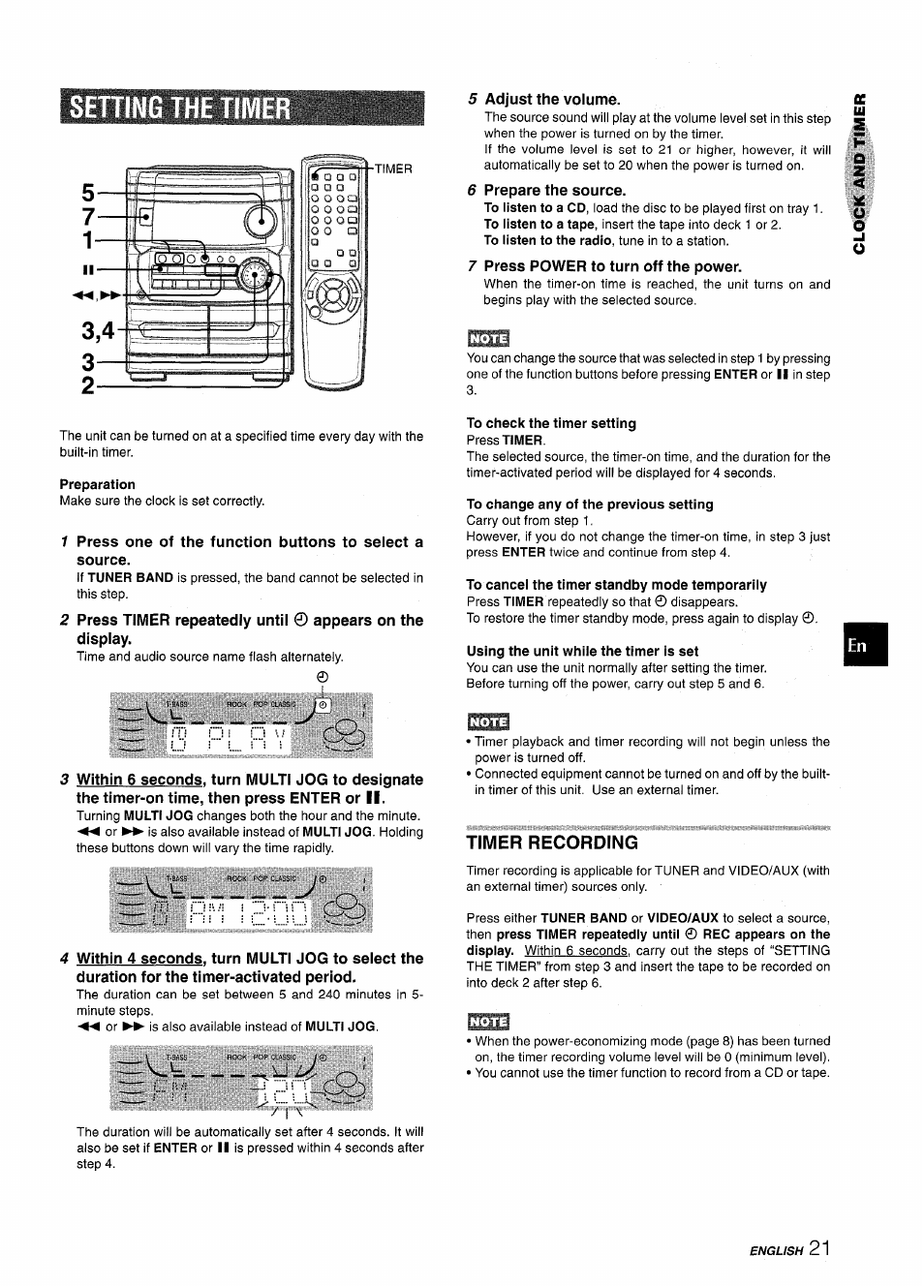 Sehing the time, Adjust the volume, Prepare the source | Press power to turn off the power, Preparation, To check the timer setting press timer, To change any of the previous setting, Using the unit while the timer is set, Timer recording, Setting the timer | Aiwa CX-NMT240 User Manual | Page 21 / 76