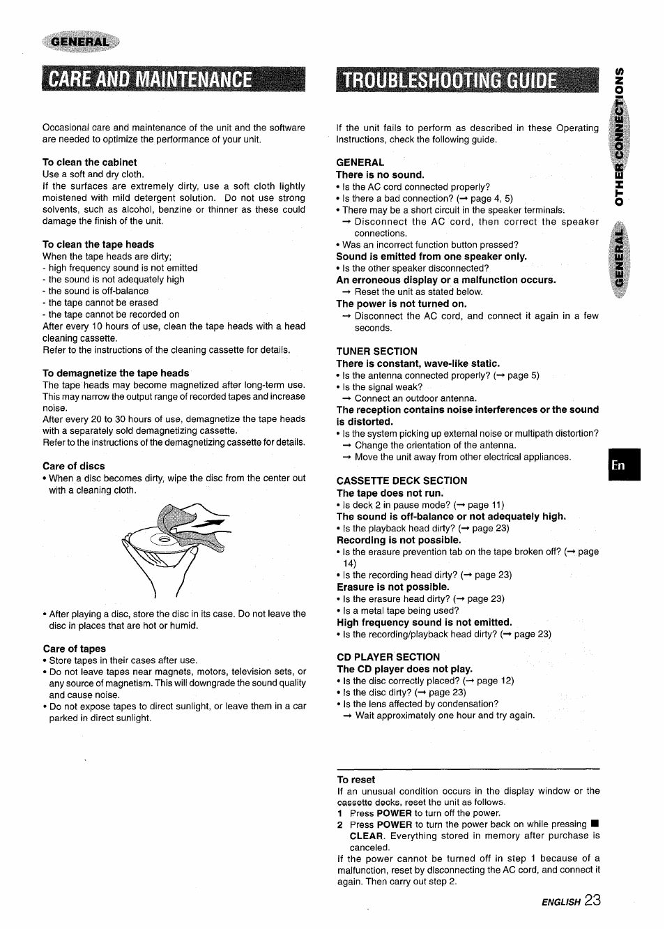 Care and maintenance, Troubleshooting guide, To clean the cabinet | To clean the tape heads, To demagnetize the tape heads, Care of discs, Care of tapes, General there is no sound, Tuner section, Cassette deck section the tape does not run | Aiwa CX-NMT240 User Manual | Page 23 / 76