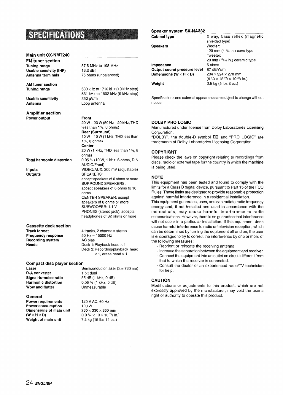Speaker system sx-na332, Dolby pro logic, Copyright | Note, Caution, Specifications | Aiwa CX-NMT240 User Manual | Page 24 / 76
