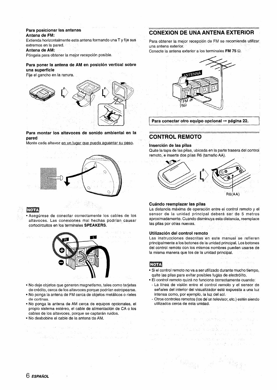 Para posicionar las antenas antena de fm, Control remoto, Inserción de ias piias | Cuándo reempiazar las pilas, Utilización del control remoto, Conexion de una antena exterior | Aiwa CX-NMT240 User Manual | Page 30 / 76