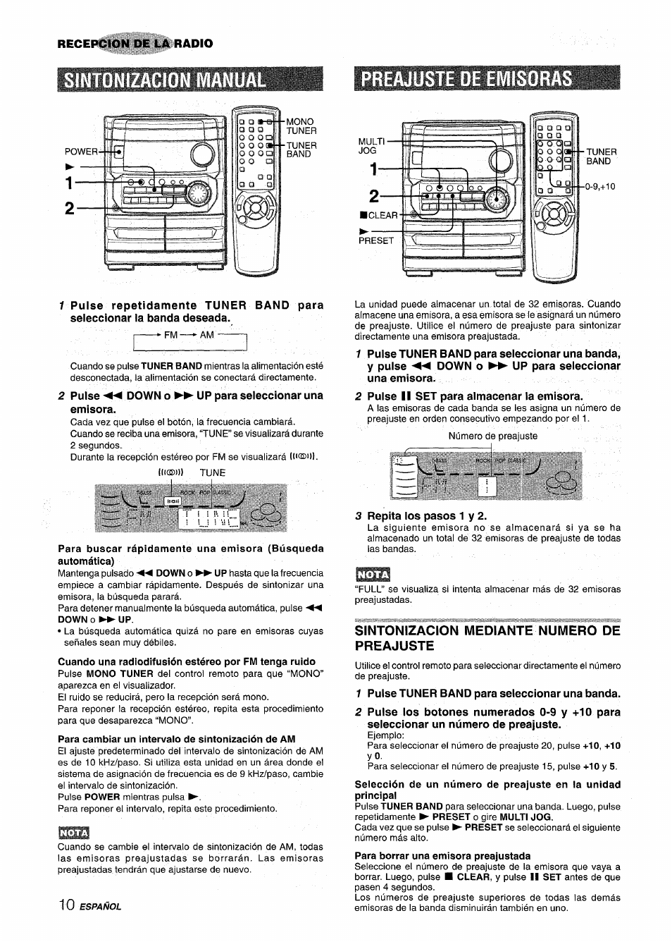 Para cambiar un intervalo de sintonización de am, Sintonizacion mediante numero de preajuste, Zac preajüste de eivmsqra | Aiwa CX-NMT240 User Manual | Page 34 / 76
