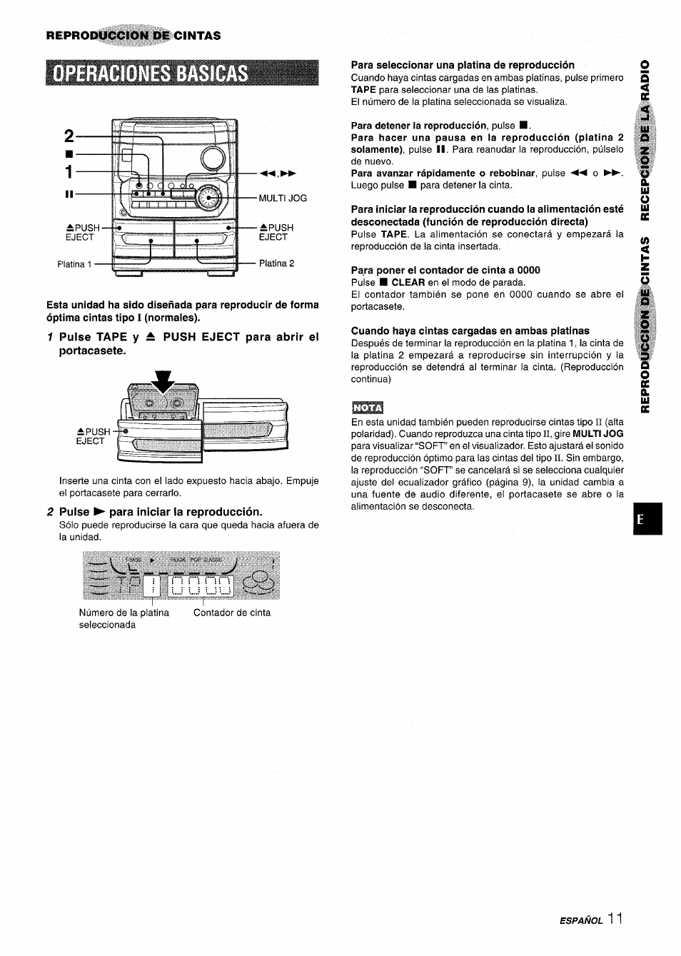 Operaciones basica, 2 pulse ^ para iniciar la reproducción, Para seleccionar una platina de reproducción | Para detener la reproducción, pulse, Cuando haya cintas cargadas en ambas platinas | Aiwa CX-NMT240 User Manual | Page 35 / 76
