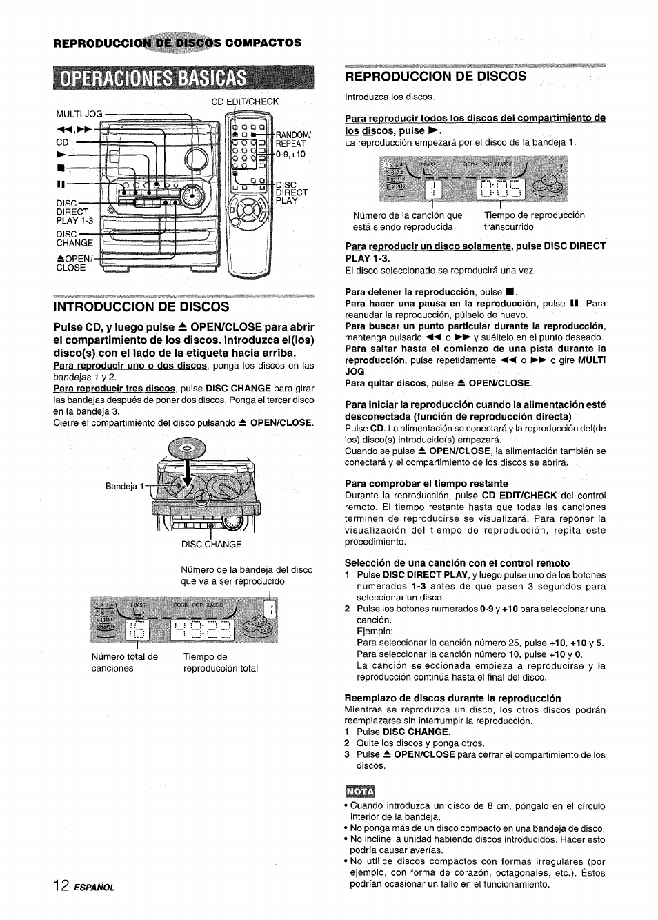Operaciones basicas, Introduccion de discos, Reproduccion de discos | Para detener la reproducción, pulse, Para comprobar el tiempo restante, Selección de una canción con el control remoto, Reemplazo de discos durante la reproducción, 1 pulse disc change | Aiwa CX-NMT240 User Manual | Page 36 / 76