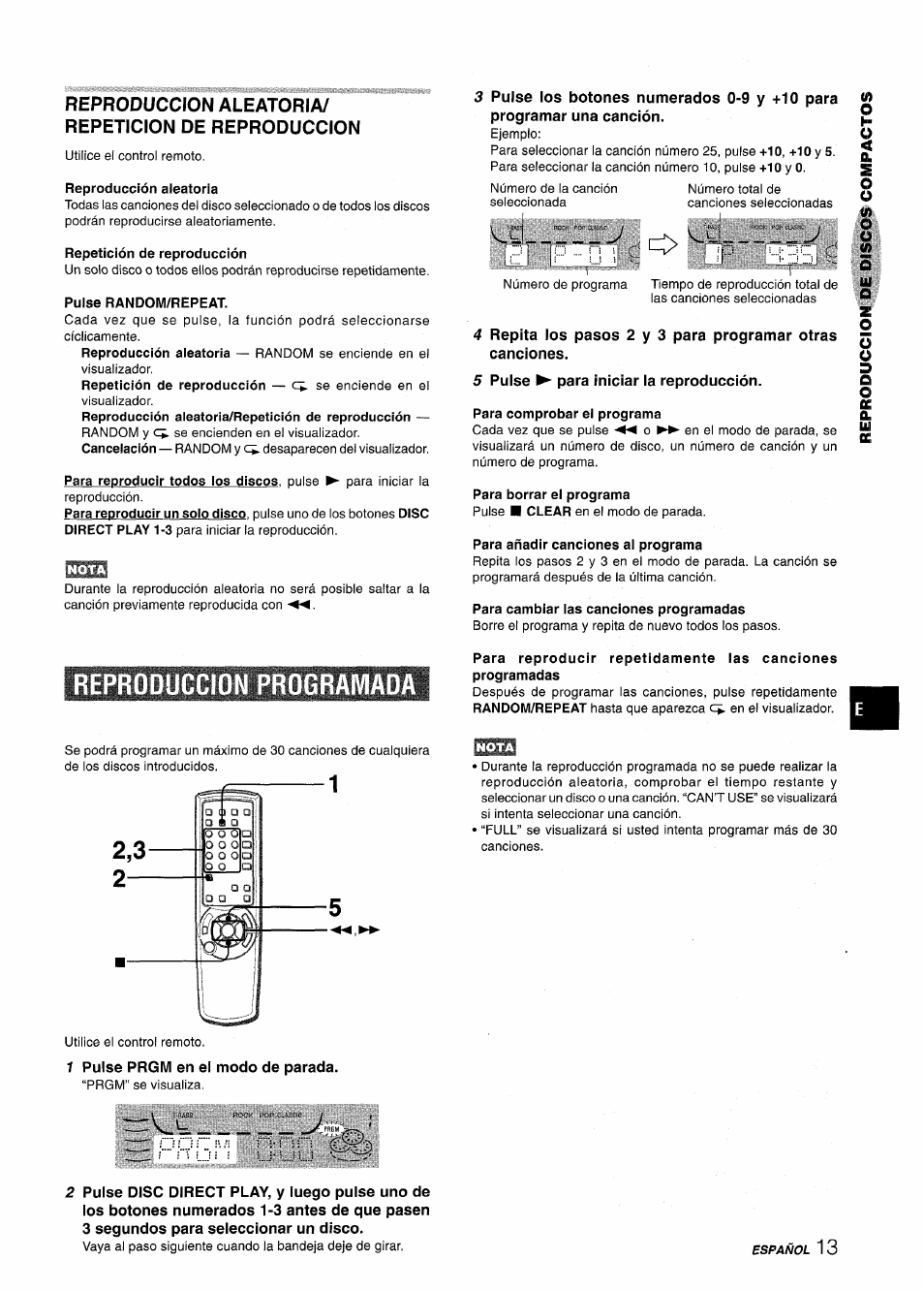 Reproduccion aleatoria/ repeticion de reproduccion, Reproducción aleatoria, Repetición de reproducción | 5 puise ^ para iniciar ia reproducción, Para comprobar el programa, Para borrar el programa, Para añadir canciones al programa, Para cambiar las canciones programadas, 1 pulse prgm en el modo de parada, Reproduccion programada | Aiwa CX-NMT240 User Manual | Page 37 / 76