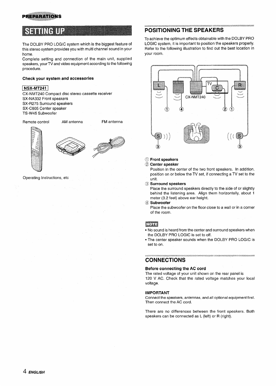 Check your system and accessories, Nsx-mt241, Positioning the speakers | Front speakers @ center speaker, Connections, Important, Sening | Aiwa CX-NMT240 User Manual | Page 4 / 76