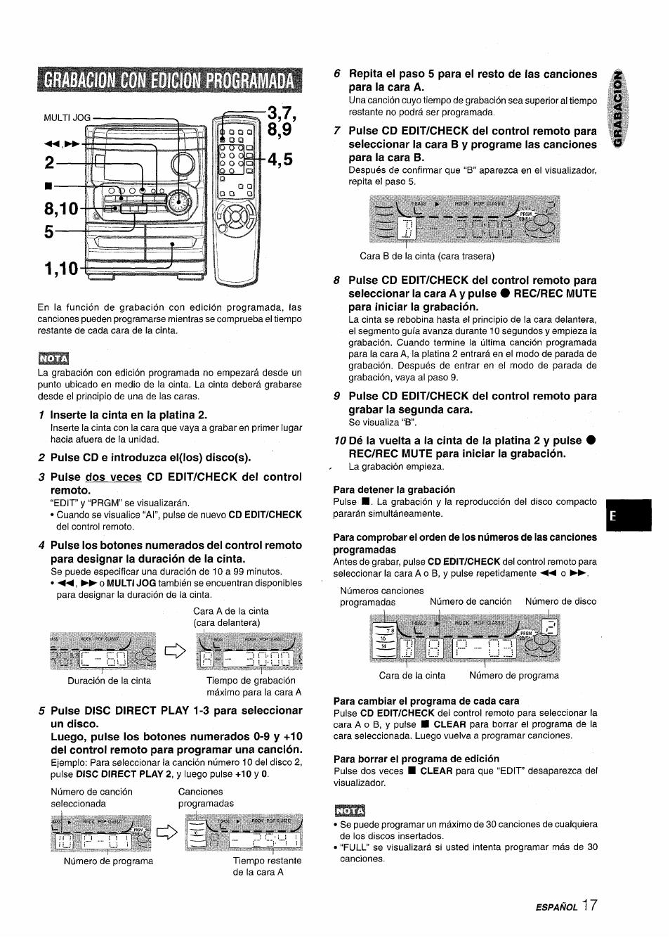 Grabacion con eoicion programada, Para detener la grabación, Para borrar el programa de edición | R' ■■■• l..i ::j | Aiwa CX-NMT240 User Manual | Page 41 / 76