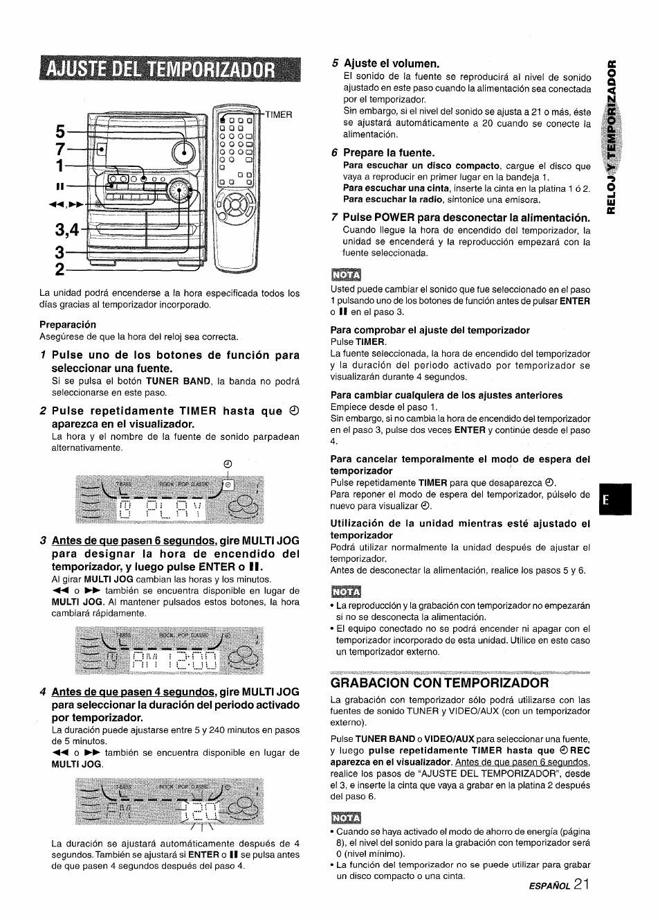 Ajuste del temporizado, Preparación, Grabacion con temporizador | Aiwa CX-NMT240 User Manual | Page 45 / 76