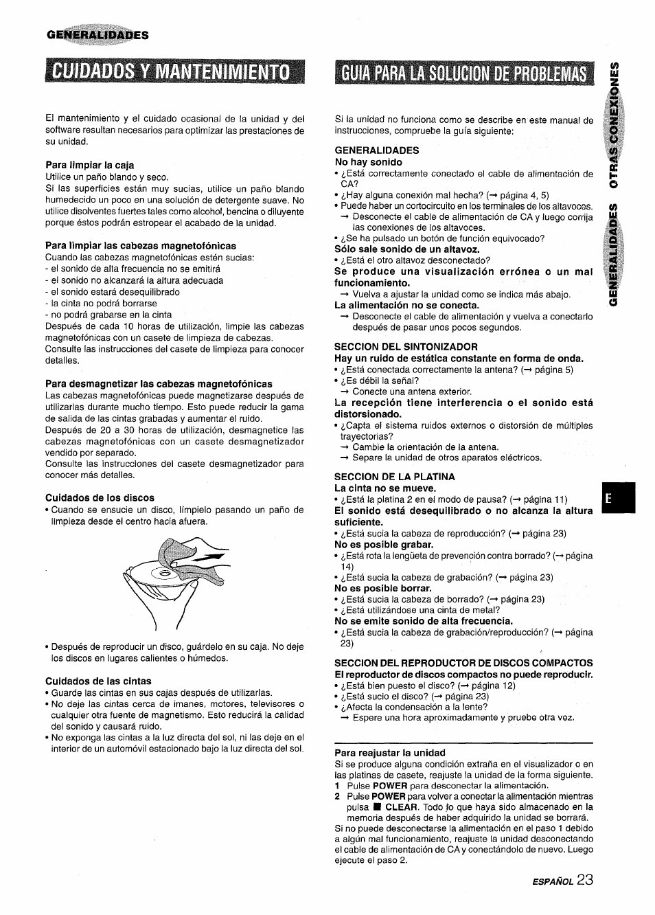 Cuidados y mantenimiento, Guia para la solucion oe problemas | Aiwa CX-NMT240 User Manual | Page 47 / 76