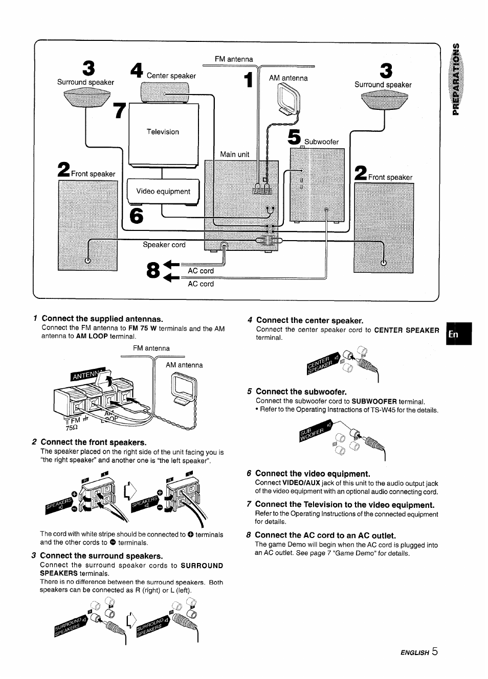 1 connect the supplied antennas, 2 connect the front speakers, 3 connect the surround speakers | 4 connect the center speaker, 5 connect the subwoofer, 6 connect the video equipment, 7 connect the television to the video equipment, 8 connect the ac cord to an ac outlet | Aiwa CX-NMT240 User Manual | Page 5 / 76