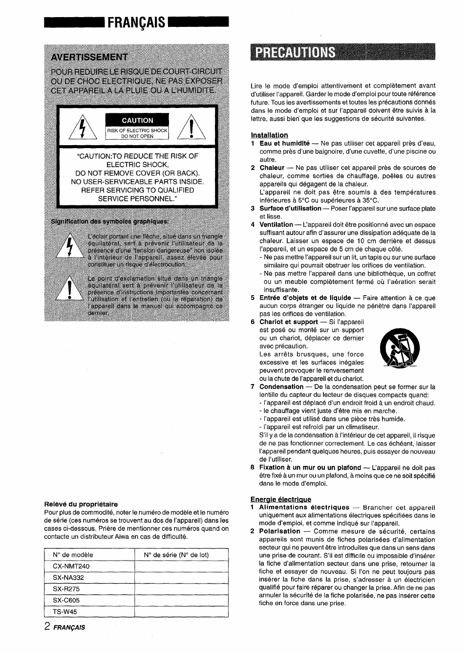 Français, Avertissement, Precautions | Relevé du propriétaire, Installation | Aiwa CX-NMT240 User Manual | Page 50 / 76