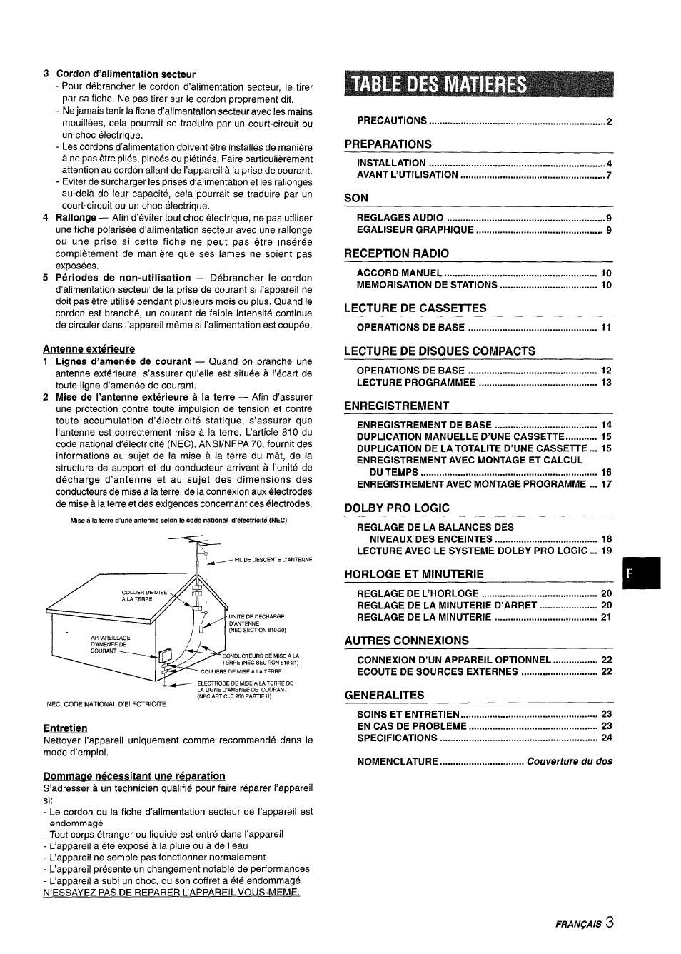 3 cordon d’alimentation secteur, Antenne extérieure, Table des matieres | Aiwa CX-NMT240 User Manual | Page 51 / 76