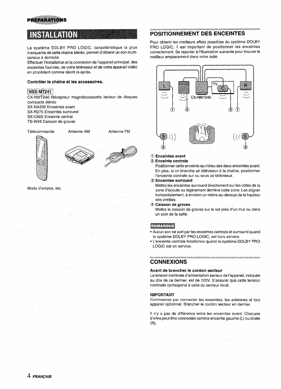 Contrôler la chaîne et les accessoires, Nsx-mt241, Positionnement des enceintes | Enceintes avant (d enceinte centraie, D enceintes surround, Caisson de graves, Connexions, Avant de brancher le cordon secteur, Important | Aiwa CX-NMT240 User Manual | Page 52 / 76