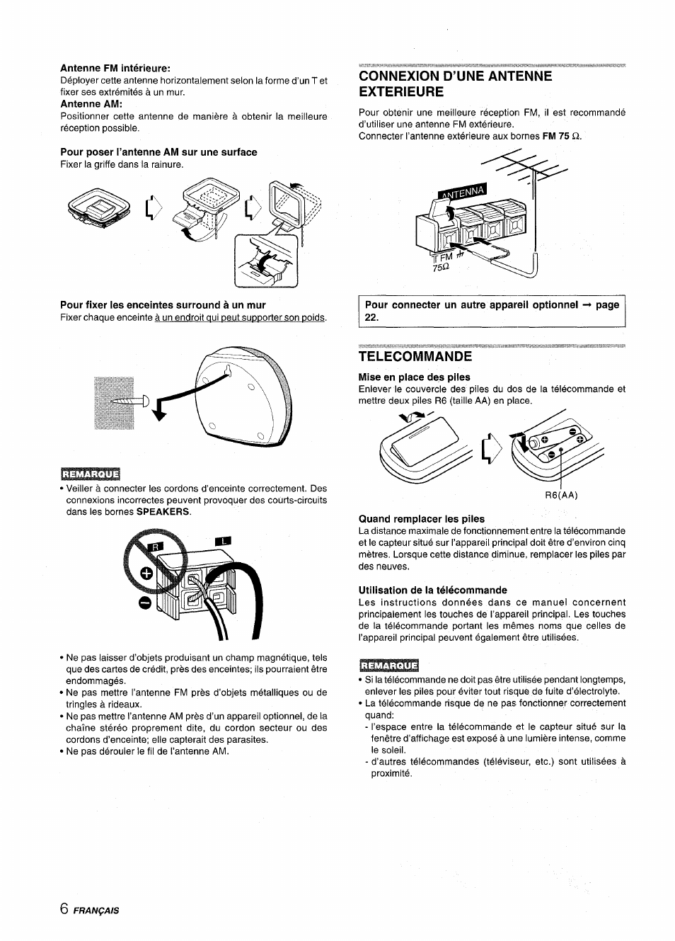 Antenne fm intérieure, Antenne am, Pour poser l’antenne am sur une surface | Pour fixer les enceintes surround à un mur, Connexion d’une antenne exterieure, Telecommande, Mise en place des piles, Quand remplacer les piles, Utilisation de la télécommande | Aiwa CX-NMT240 User Manual | Page 54 / 76