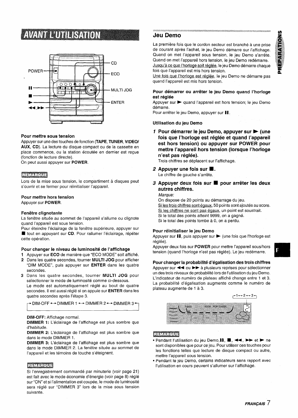 Imnt l’utilisatio, Pour mettre sous tension, Pour mettre hors tension | Fenêtre clignotante, Utilisation du jeu demo, Pour réinitialiser le jeu demo, Avant l’utilisation, Jeu demo | Aiwa CX-NMT240 User Manual | Page 55 / 76