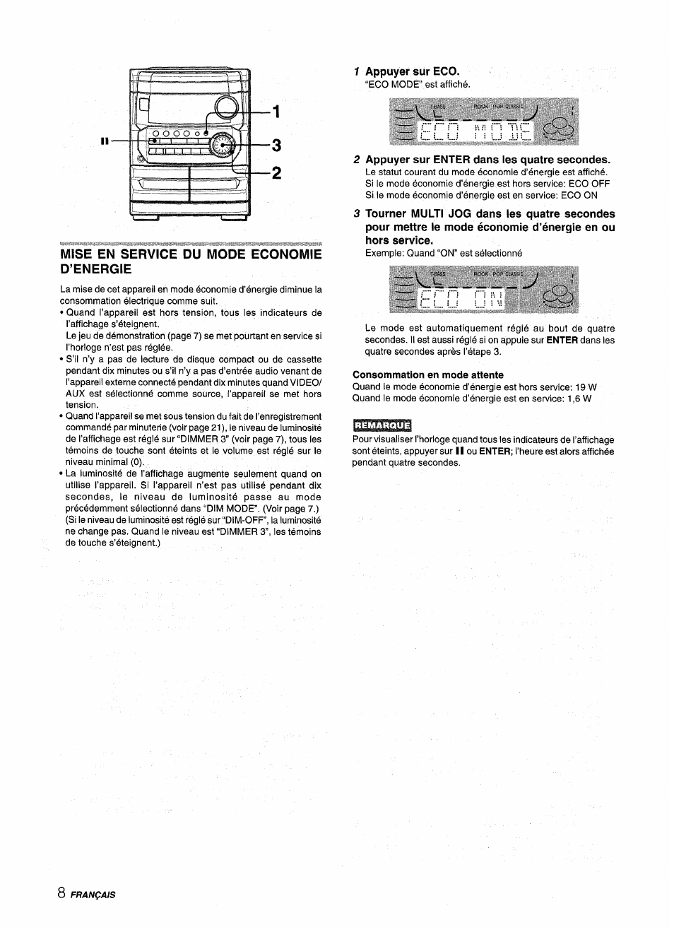 Mise en service du mode economie d’energie, 1 appuyer sur eco, 2 appuyer sur enter dans les quatre secondes | Consommation en mode attente | Aiwa CX-NMT240 User Manual | Page 56 / 76