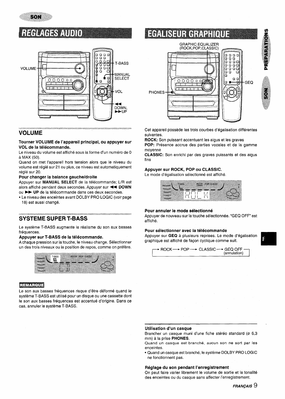 Egaliseur graphique, Systeme super t-bass, Appuyer sur rock, pop ou classic | Pour annuler le mode sélectionné, Pour sélectionner avec la télécommande, Utilisation d’un casque, Réglage du son pendant l’enregistrement, Audio, Reglages, Volume | Aiwa CX-NMT240 User Manual | Page 57 / 76