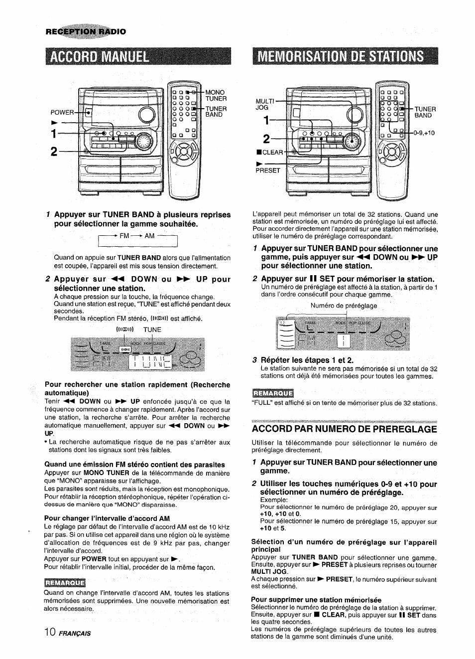 Accord manuel, Memorisation de stations, Pour changer l’intervalle d’accord am | Accord par numero de prereglage, Pour supprimer une station mémorisée, R-si | Aiwa CX-NMT240 User Manual | Page 58 / 76