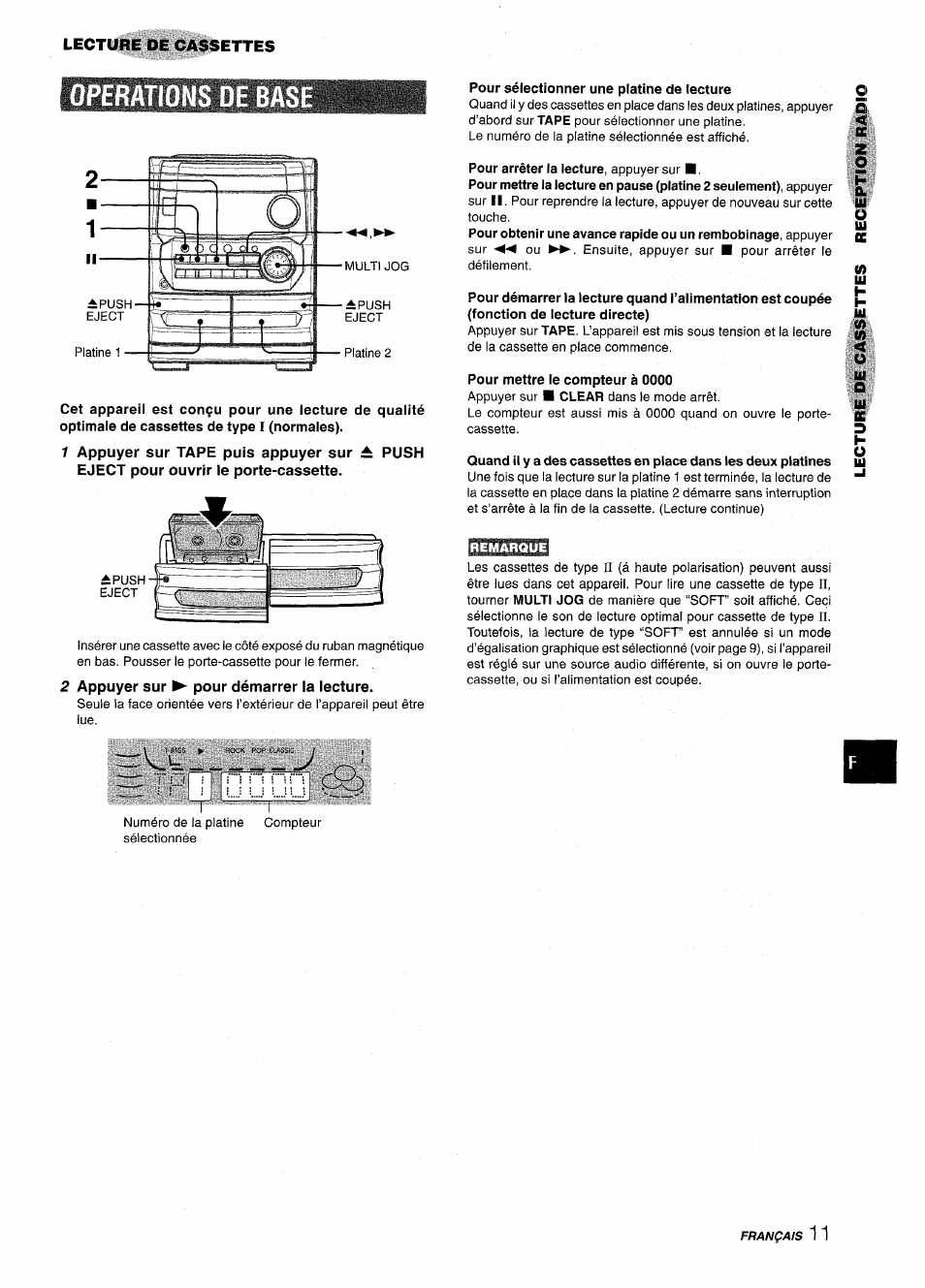 Operations de bas, 2 appuyer sur ^ pour démarrer la lecture, Pour sélectionner une platine de lecture | Pour arrêter la lecture, appuyer sur, Pour mettre le compteur à 0000, Operations de base | Aiwa CX-NMT240 User Manual | Page 59 / 76