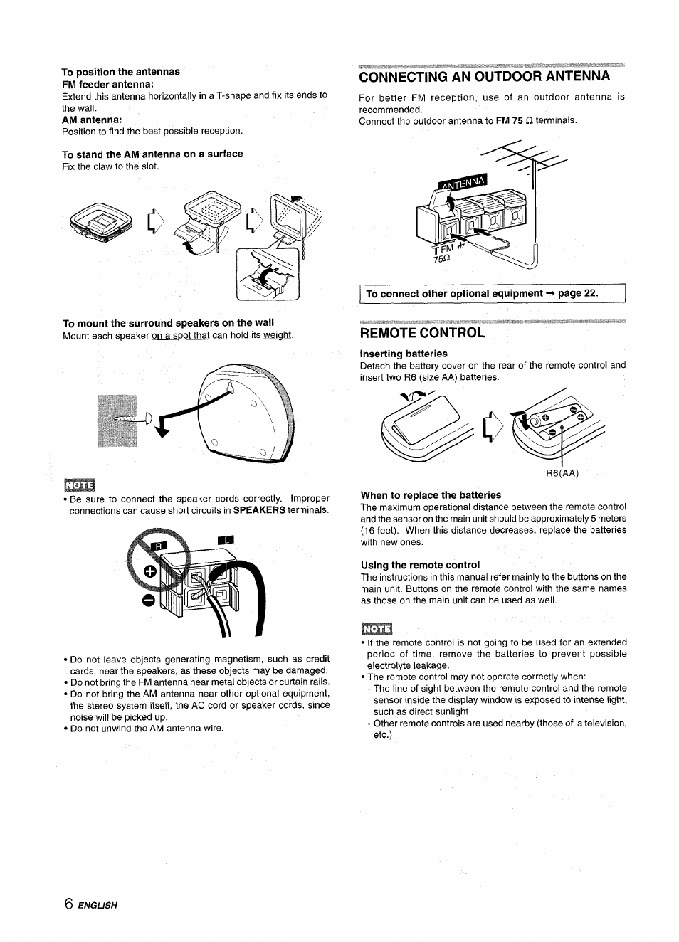 To position the antennas fm feeder antenna, To stand the am antenna on a surface, Connecting an outdoor antenna | To mount the surround speakers on the wall, Remote control, When to replace the batteries, Using the remote control | Aiwa CX-NMT240 User Manual | Page 6 / 76