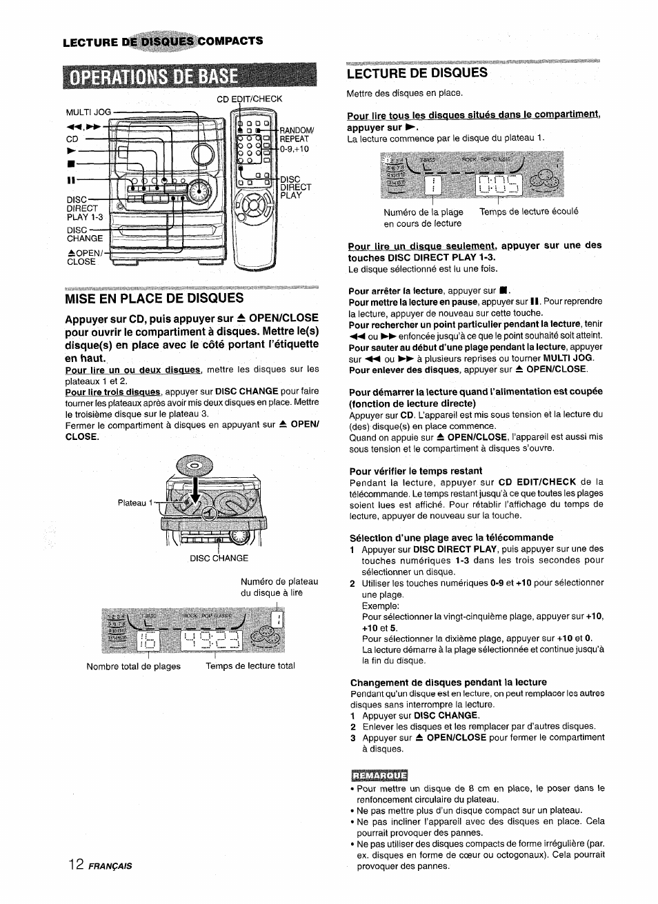 Operations de ba, Mise en place de disques, Lecture de disques | Pour vérifier le temps restant, Sélection d’une plage avec la télécommande, Changement de disques pendant la lecture, Operations de base | Aiwa CX-NMT240 User Manual | Page 60 / 76