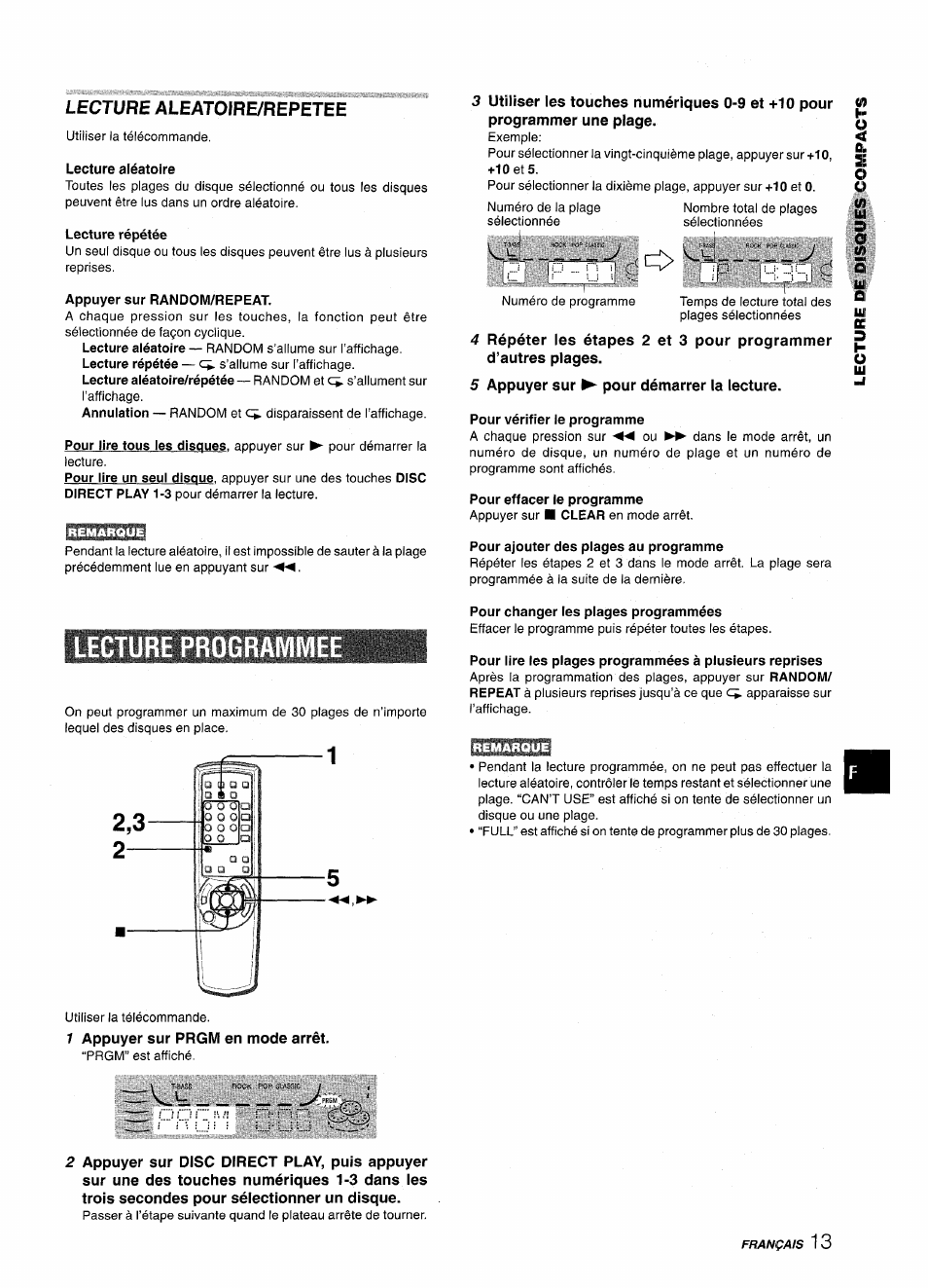 Lecture aleatofre/repetee, Lecture aléatoire, Lecture répétée | Appuyer sur random/repeat, 5 appuyer sur ► pour démarrer la lecture, Pour vérifier le programme, Pour effacer le programme, Pour ajouter des plages au programme, Lecture programm, 1 appuyer sur prgm en mode arrêt | Aiwa CX-NMT240 User Manual | Page 61 / 76