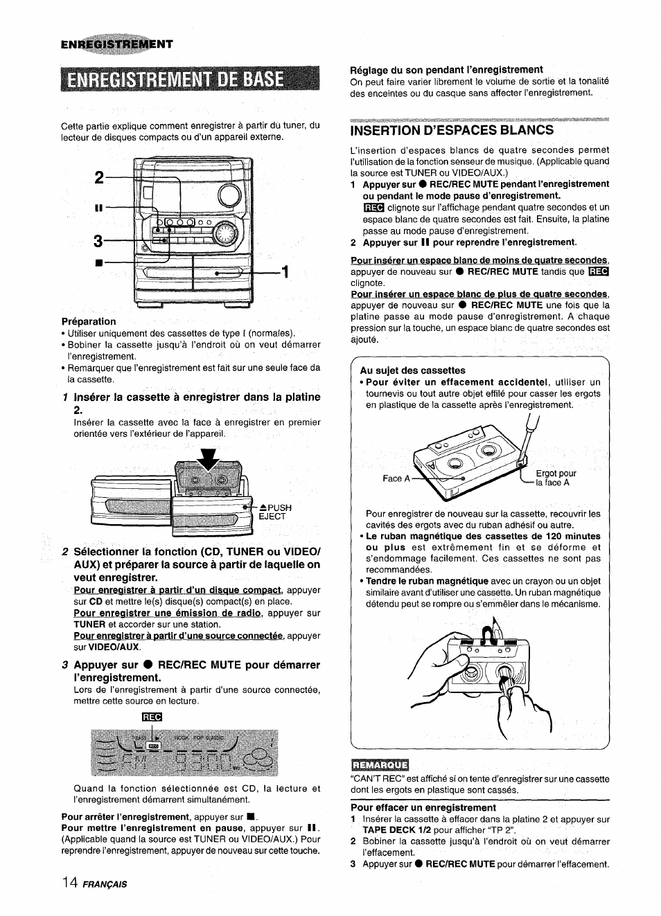Enregistrement de base, Insertion d’espaces blancs | Aiwa CX-NMT240 User Manual | Page 62 / 76