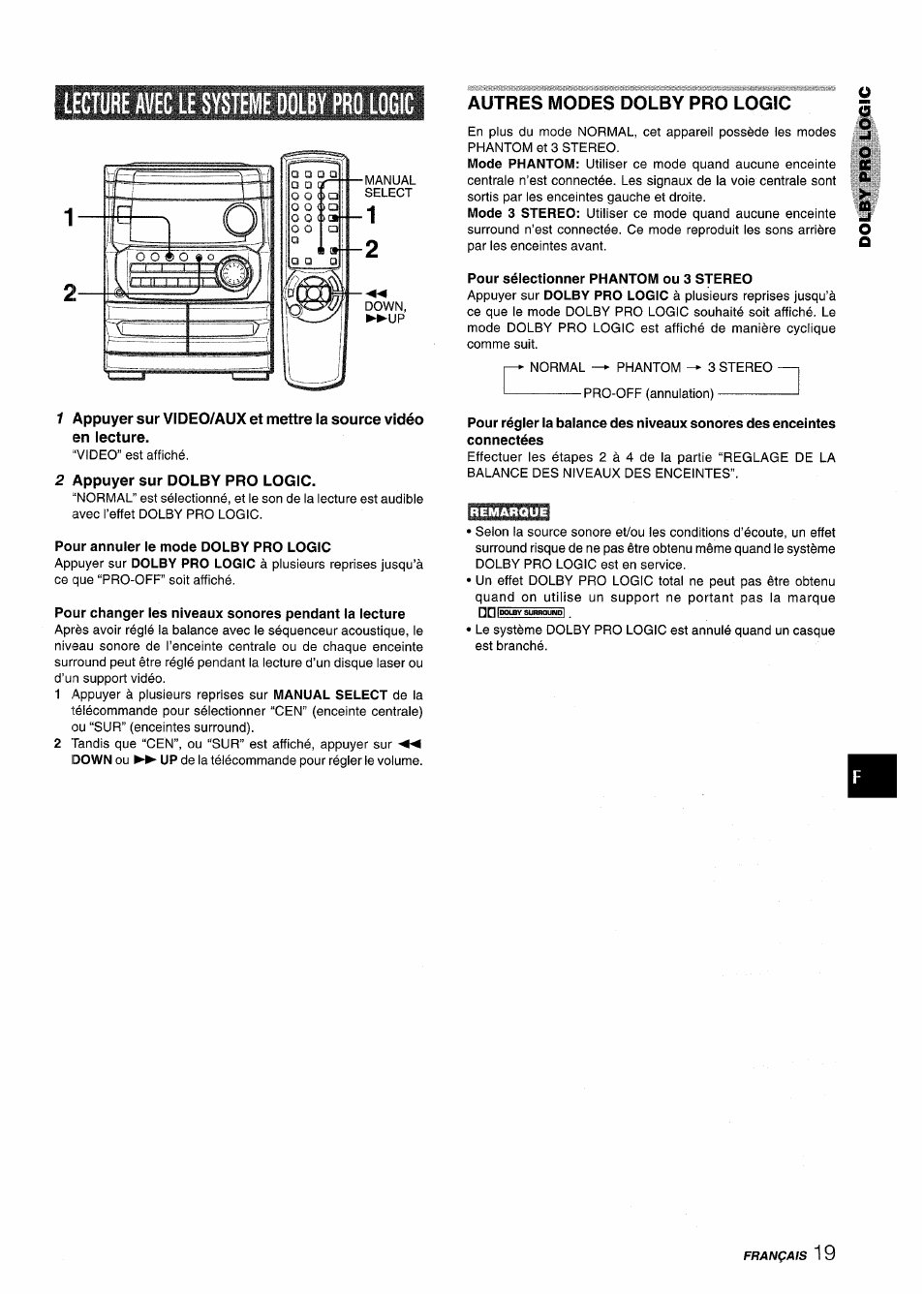 Lecture avec le systeme dolby pro logic, 2 appuyer sur dolby pro logic, Pour annuler le mode dolby pro logic | Autres modes dolby pro logic, Pour sélectionner phantom ou 3 stereo | Aiwa CX-NMT240 User Manual | Page 67 / 76