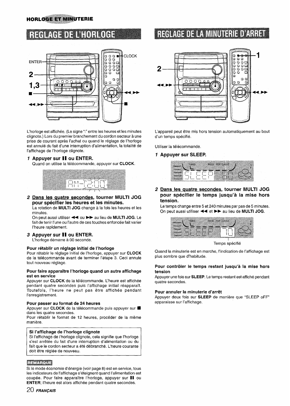 Reglage de la minuterie d'arret, 1 appuyer sur ii ou enter, 1 appuyer sur sleep | 3 appuyer sur ii ou enter, Pour passer au format de 24 heures, Si i’affichage de l’horioge clignote, Pour annuier la minuterie d’arrêt, Reglage de la minuterie d’arret, Reglage de l'horlog | Aiwa CX-NMT240 User Manual | Page 68 / 76
