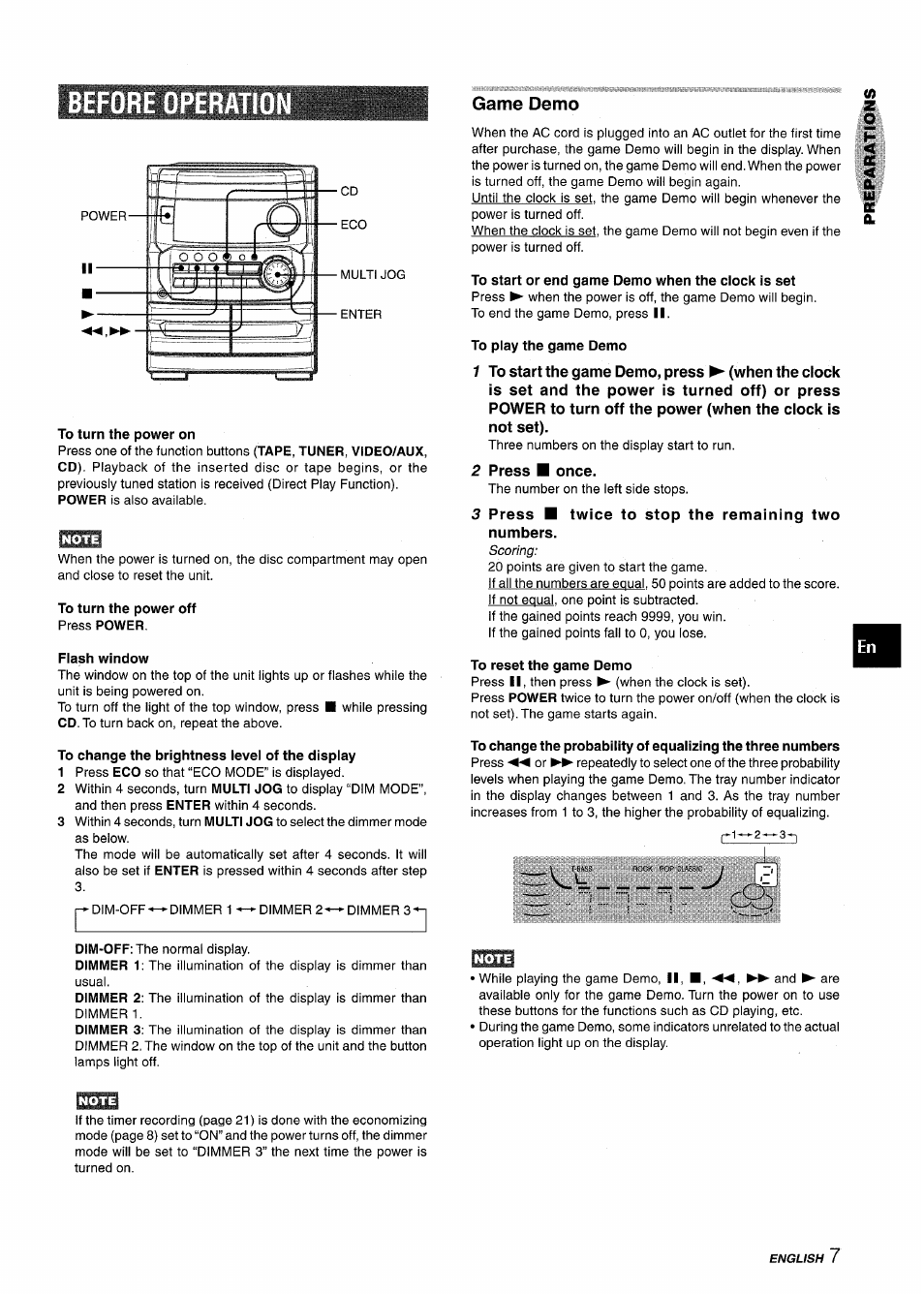 Before operatio, To turn the power on, To turn the power off press power | Flash window, To change the brightness ievel of the display, To start or end game demo when the clock is set, To play the game demo, To reset the game demo, Game demo | Aiwa CX-NMT240 User Manual | Page 7 / 76