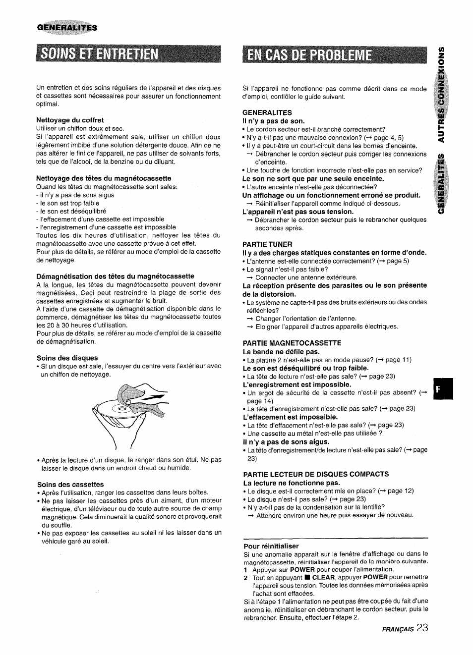 Soins et entretie, En cas de problem, Nettoyage du coffret | Nettoyage des têtes du magnétocassette, Démagnétisation des têtes du magnétocassette, Soins des disques, Soins des cassettes, Generalites il n’y a pas de son, Partie tuner, Partie magnetocassette la bande ne défile pas | Aiwa CX-NMT240 User Manual | Page 71 / 76