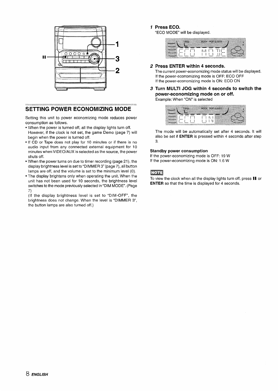 Setting power economizing mode, 1 press eco, 2 press enter within 4 seconds | Standby power consumption | Aiwa CX-NMT240 User Manual | Page 8 / 76