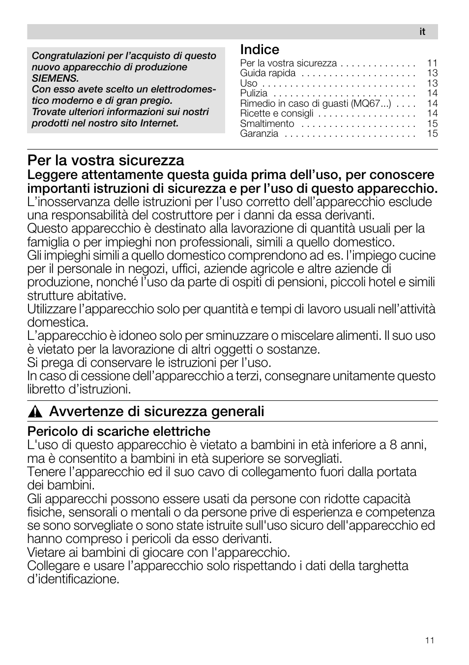 Per la vostra sicurezza, Avvertenze di sicurezza generali, Indice | Siemens MQ67115 User Manual | Page 11 / 67