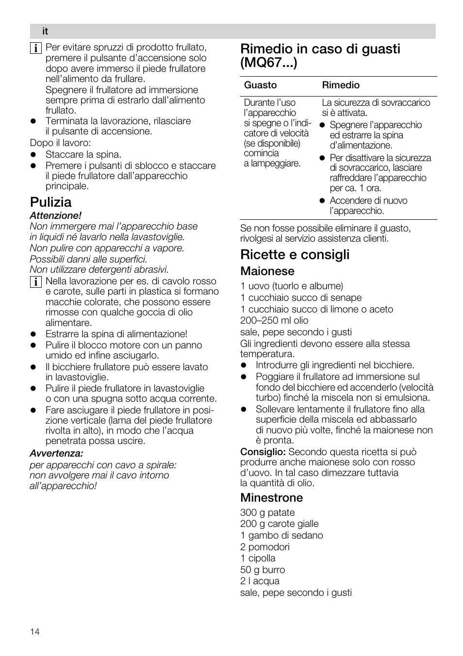 Pulizia, Rimedio in caso di guasti (mq67...), Ricette e consigli | Maionese, Minestrone | Siemens MQ67115 User Manual | Page 14 / 67