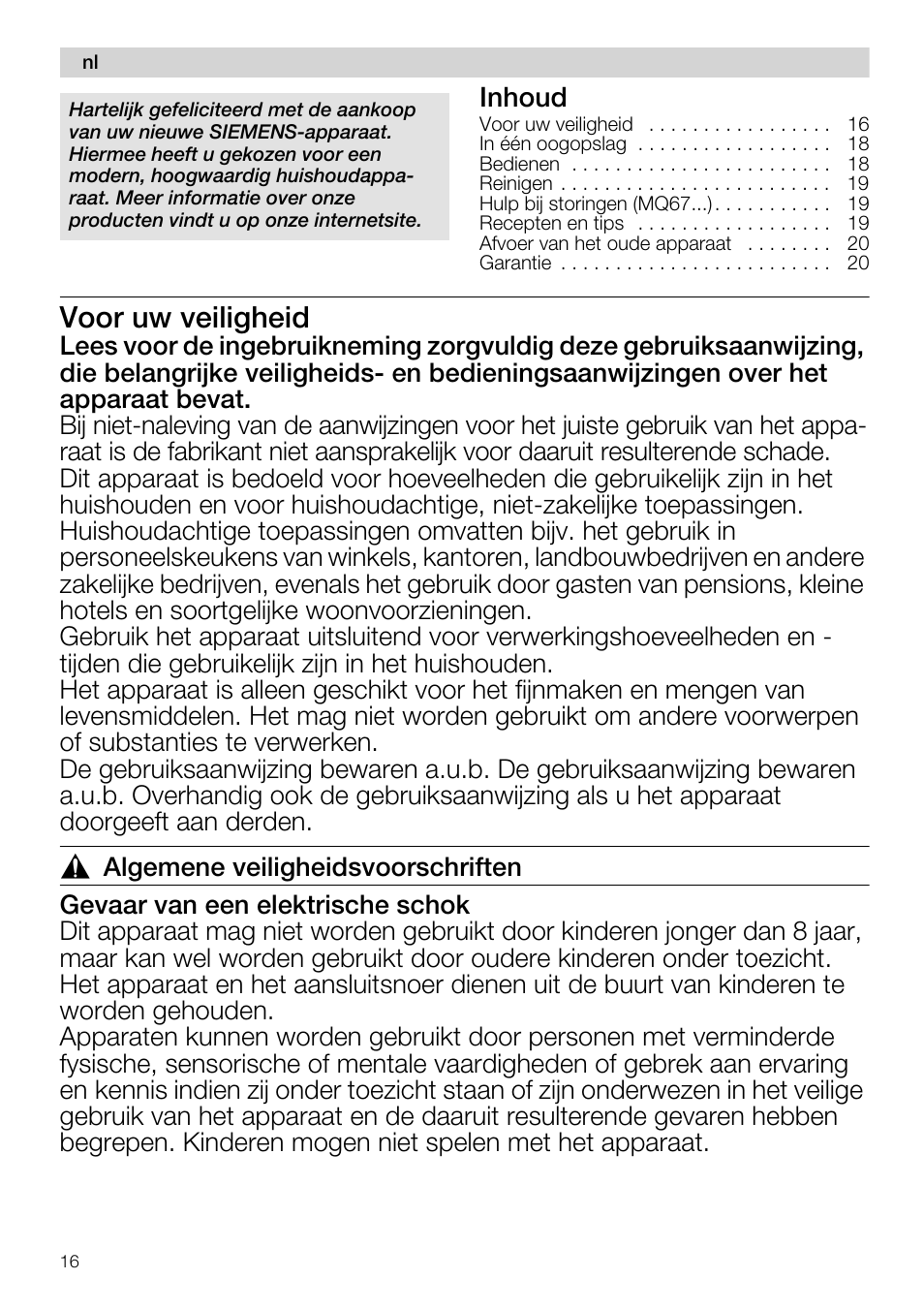 Voor uw veiligheid, Inhoud | Siemens MQ67115 User Manual | Page 16 / 67