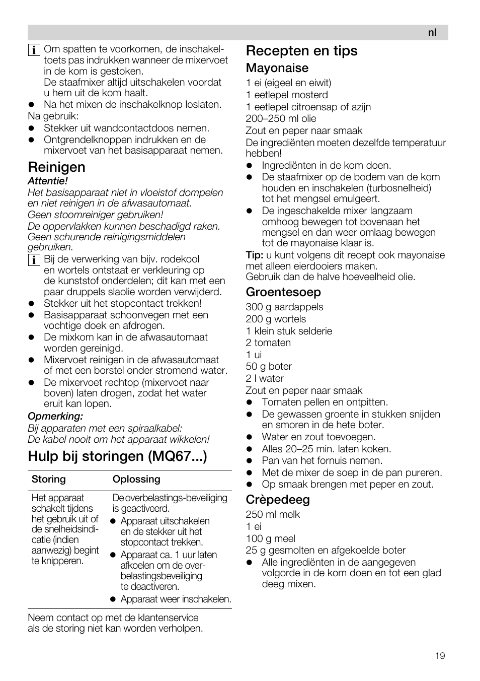 Reinigen, Hulp bij storingen (mq67...), Recepten en tips | Mayonaise, Groentesoep, Crèpedeeg | Siemens MQ67115 User Manual | Page 19 / 67