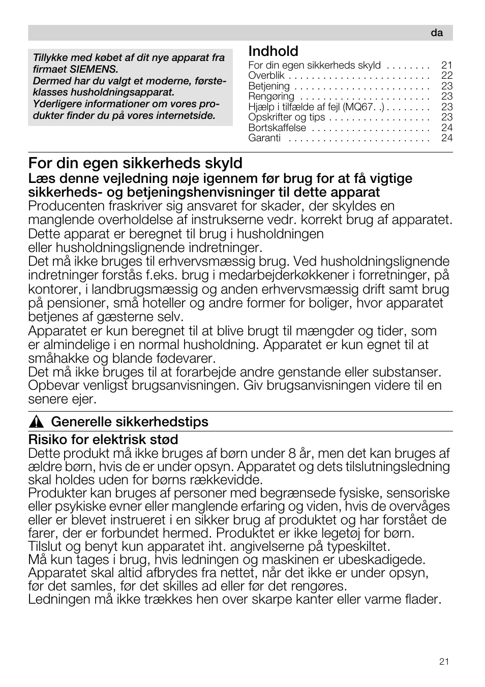 For din egen sikkerheds skyld, Indhold | Siemens MQ67115 User Manual | Page 21 / 67