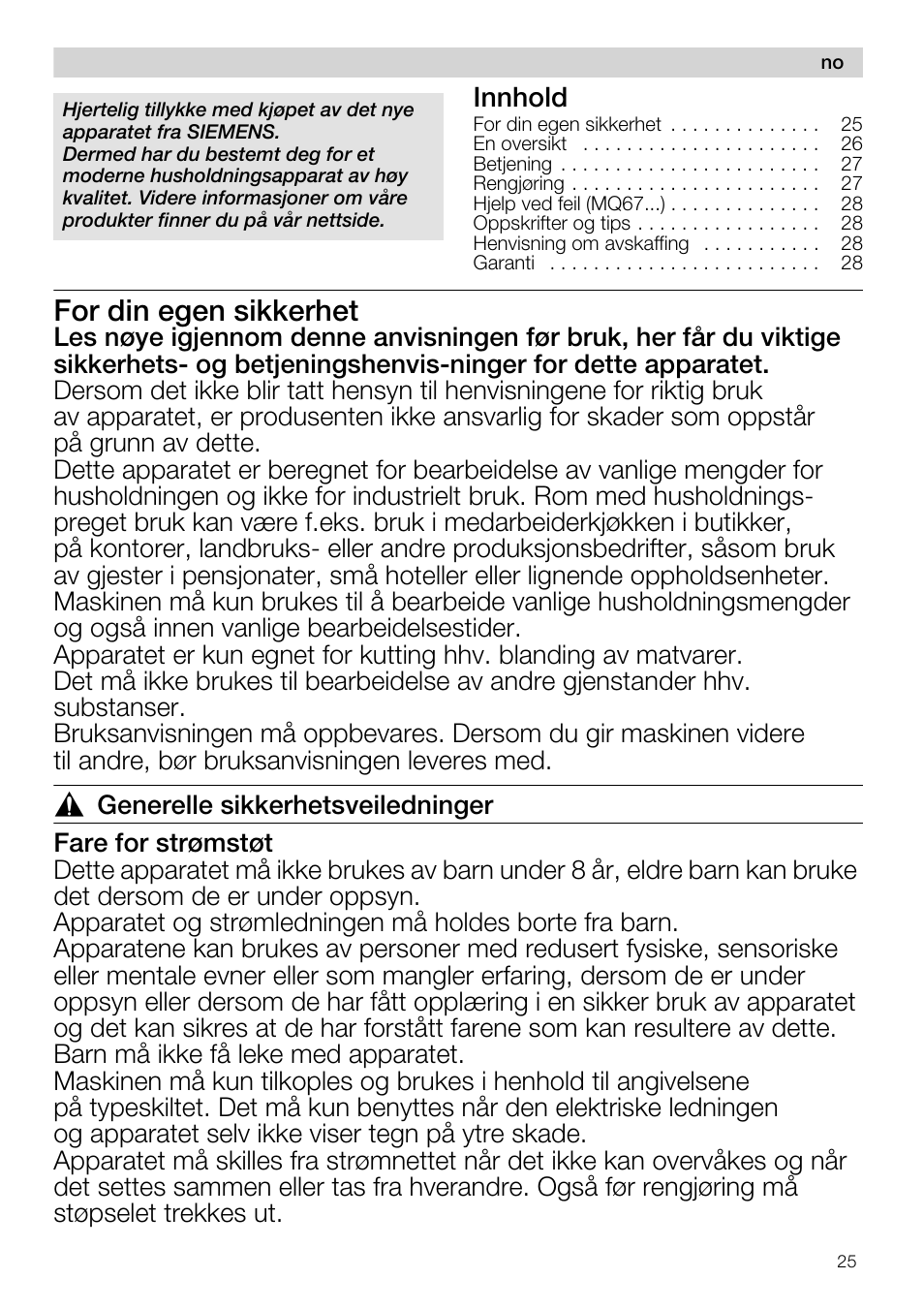For din egen sikkerhet, Innhold | Siemens MQ67115 User Manual | Page 25 / 67