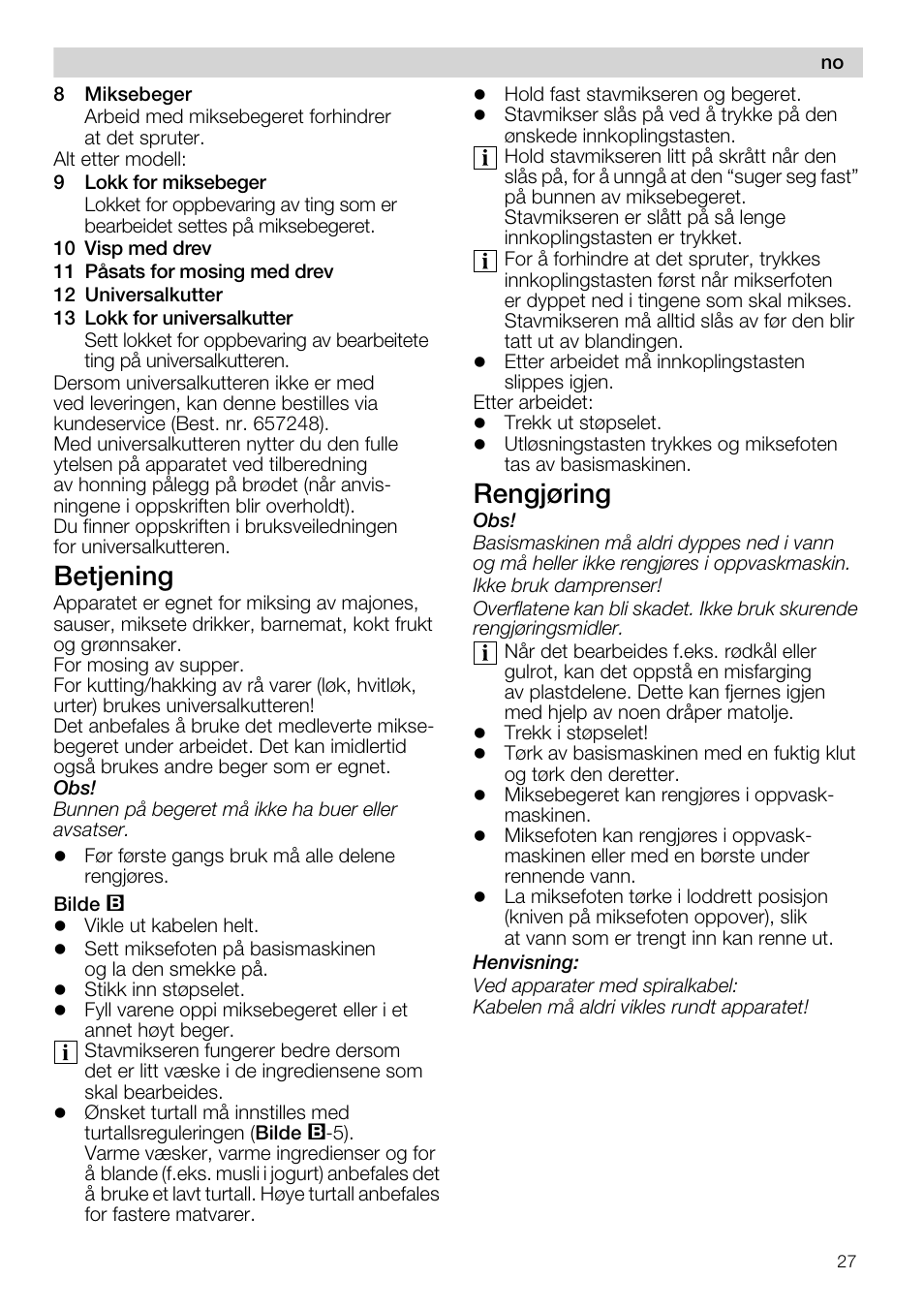 Betjening, Rengjøring | Siemens MQ67115 User Manual | Page 27 / 67