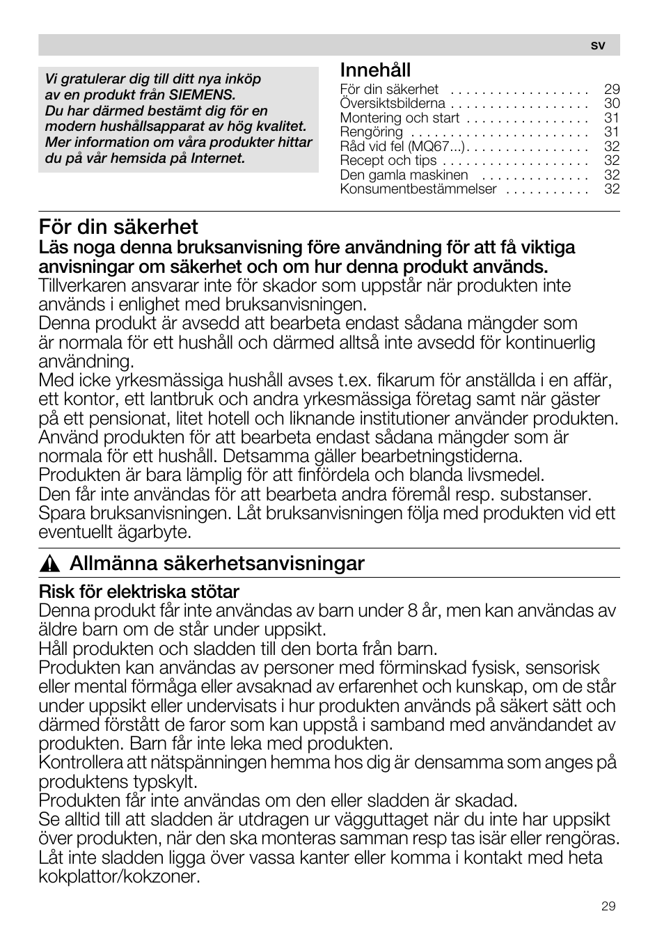 För din säkerhet, Allmänna säkerhetsanvisningar, Innehåll | Siemens MQ67115 User Manual | Page 29 / 67