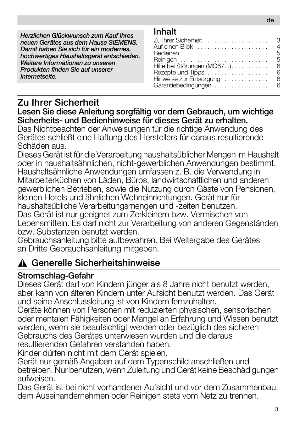Zu ihrer sicherheit, Generelle sicherheitshinweise, Inhalt | Siemens MQ67115 User Manual | Page 3 / 67