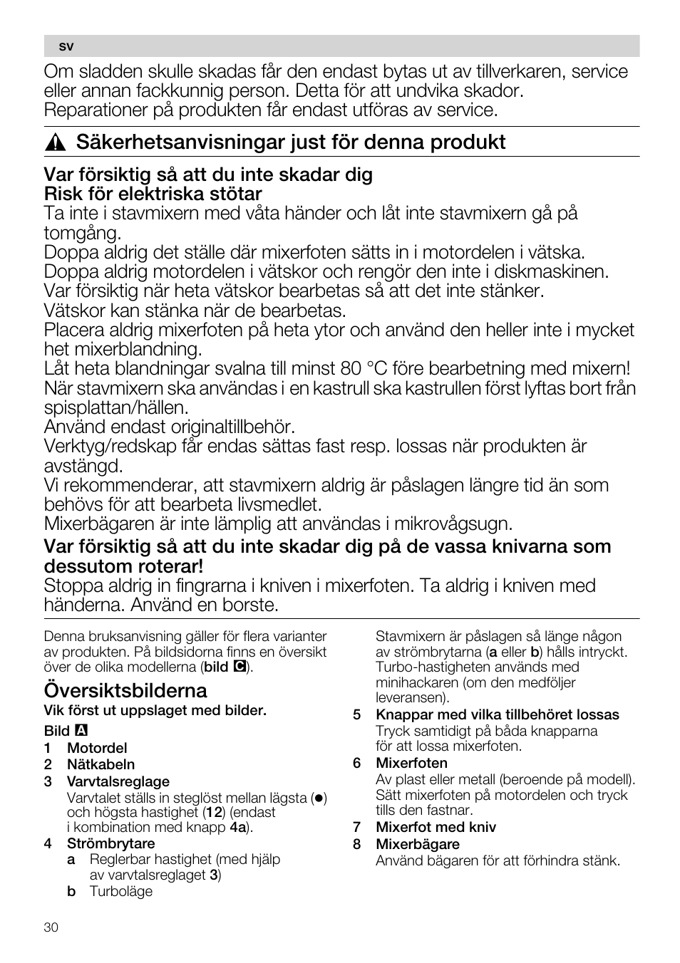 Säkerhetsanvisningar just för denna produkt, Översiktsbilderna | Siemens MQ67115 User Manual | Page 30 / 67