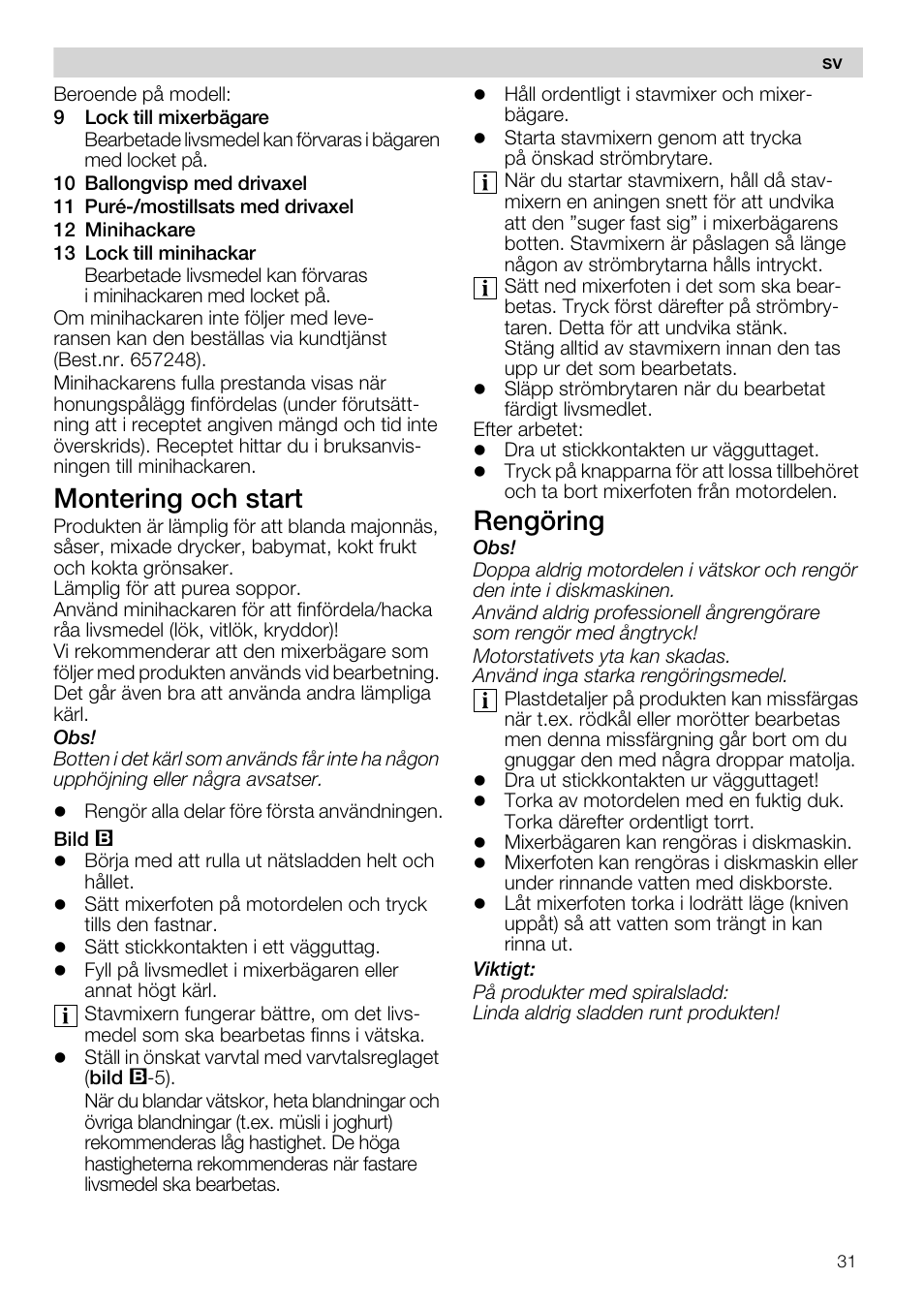 Montering och start, Rengöring | Siemens MQ67115 User Manual | Page 31 / 67