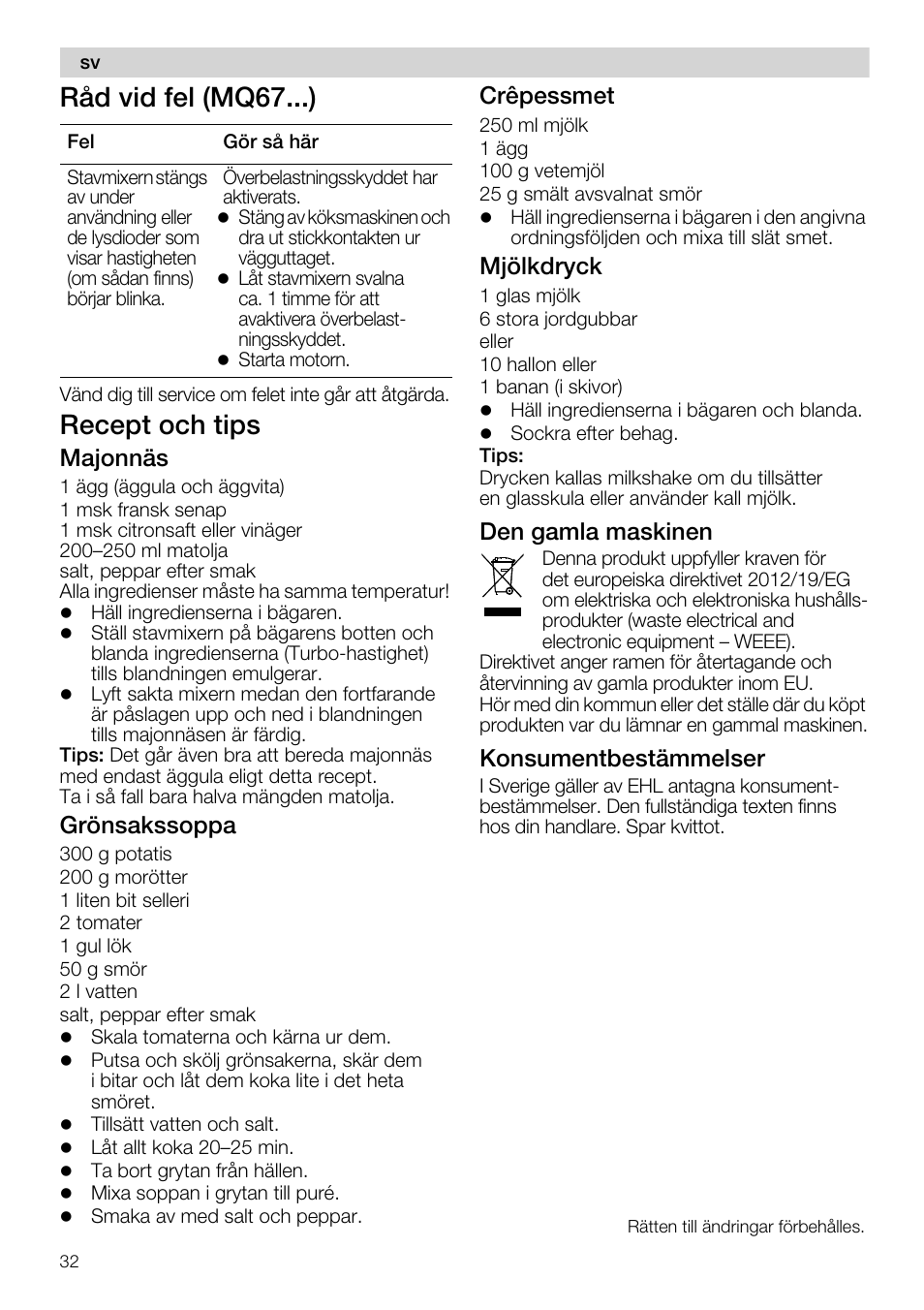 Råd vid fel (mq67...), Recept och tips, Majonnäs | Grönsakssoppa, Crêpessmet, Mjölkdryck, Den gamla maskinen, Konsumentbestämmelser | Siemens MQ67115 User Manual | Page 32 / 67