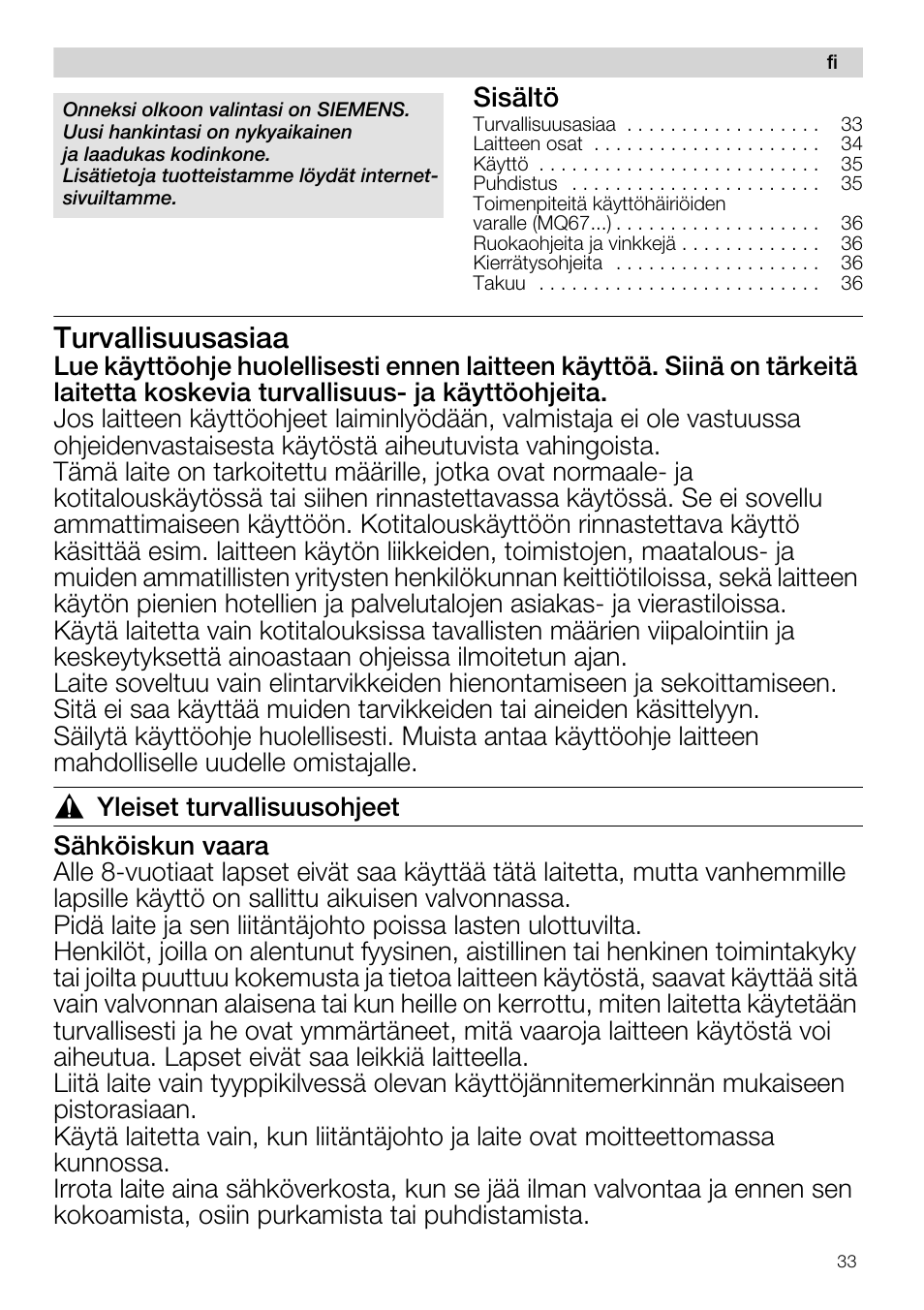 Turvallisuusasiaa, Sisältö | Siemens MQ67115 User Manual | Page 33 / 67